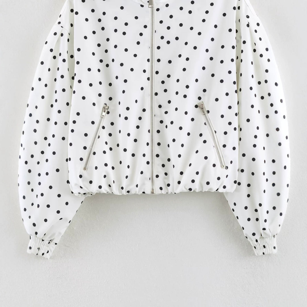 Women's Cropped Bomber Jacket with Stand Collar and Dot Pattern Mune Fashion