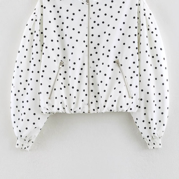 Women's Cropped Bomber Jacket with Stand Collar and Dot Pattern Mune Fashion