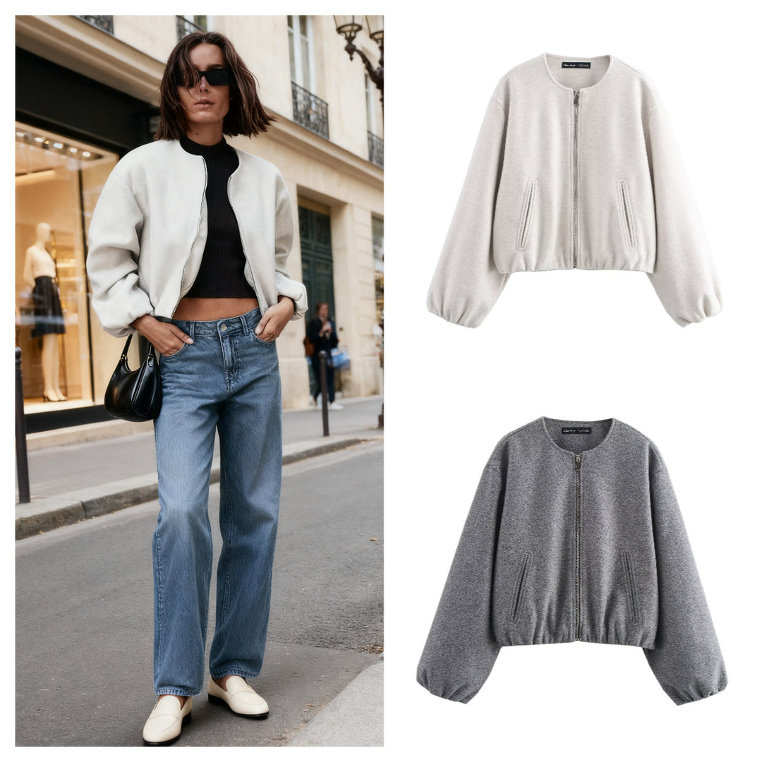 Ladies short-cut suede-look bomber jacket with round neck and balloon sleeves Mune Fashion