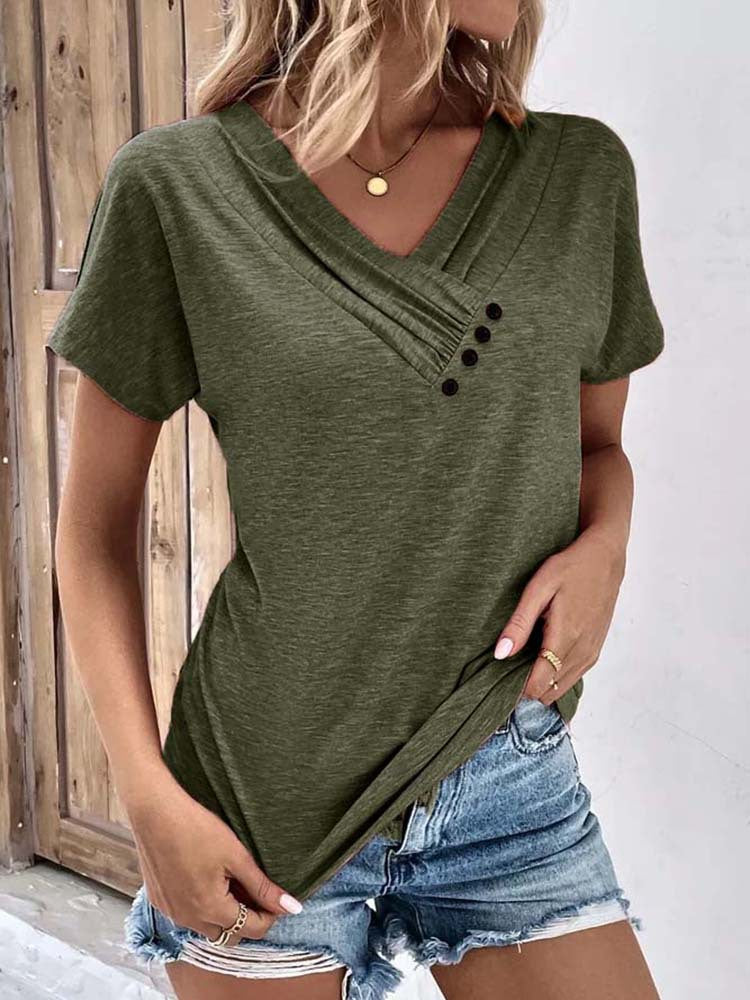Women's Playful V-Neck T-Shirt with Refined Button Details Mune Fashion