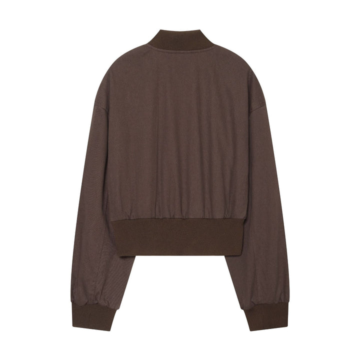 Women's Cropped Canvas Bomber Jacket with Elastic Rib Hem and Oversized Sleeves Mune Fashion