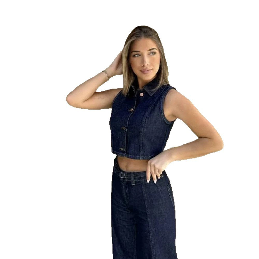 Women Short Cut Denim Vest with Tailored Paneling and Metal Button Placket Mune Fashion