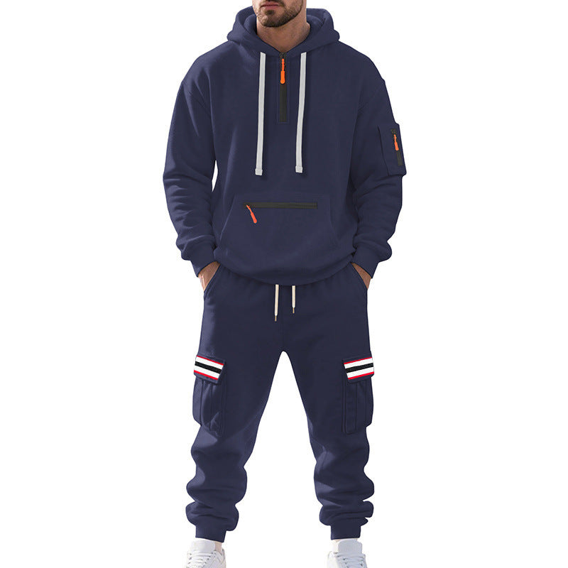Men's Cargo Hoodie and Jogging Pants Set with Half Zip, Zipper Kangaroo Pocket and Elastic Drawstring Waist Mune Fashion