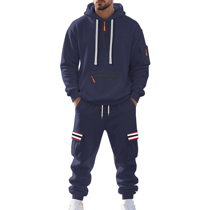 Men's Cargo Hoodie and Jogging Pants Set with Half Zip, Zipper Kangaroo Pocket and Elastic Drawstring Waist Mune Fashion