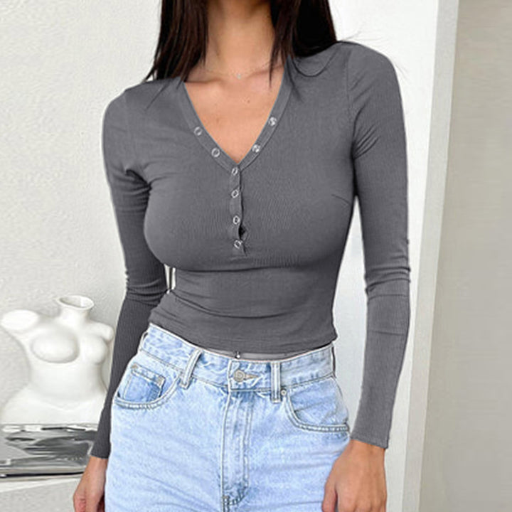 Women's fitted ribbed long sleeve shirt with decorative button placket and metal eyelets Mune Fashion