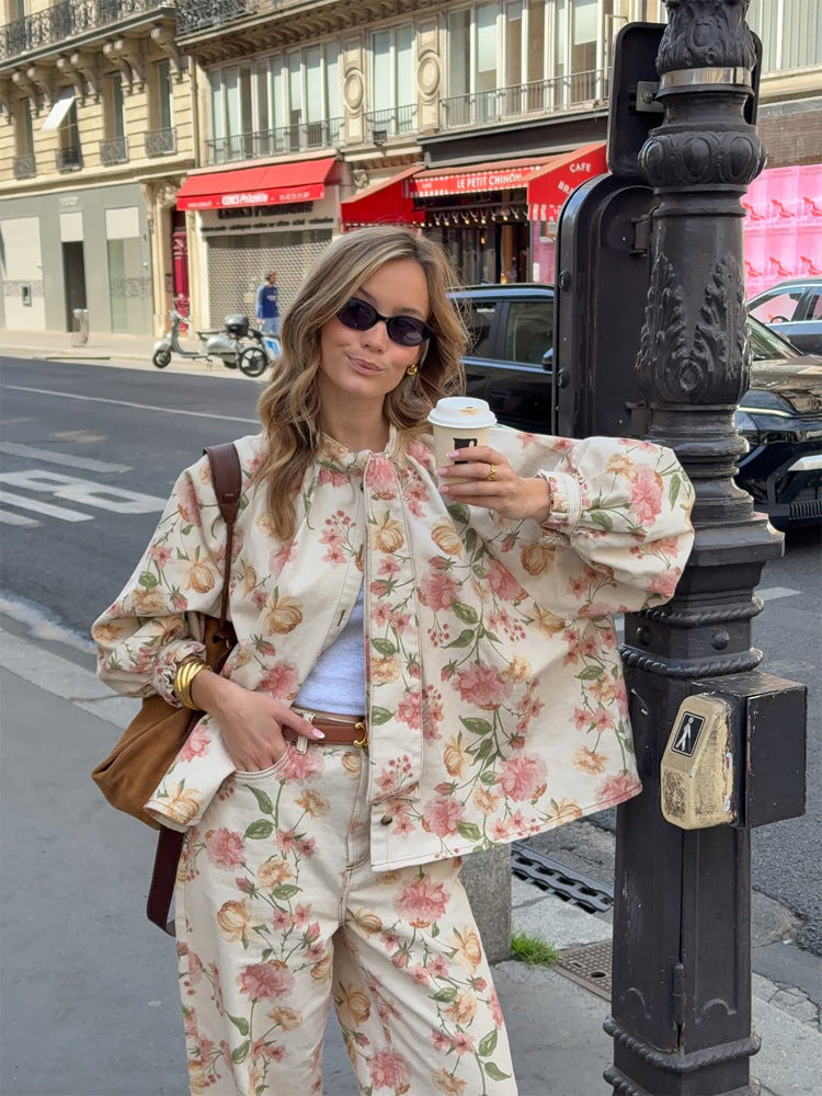 Women's Two-Piece Floral Print Co-Ord Set with Oversized Blouson and High-Waist Pants Mune Fashion