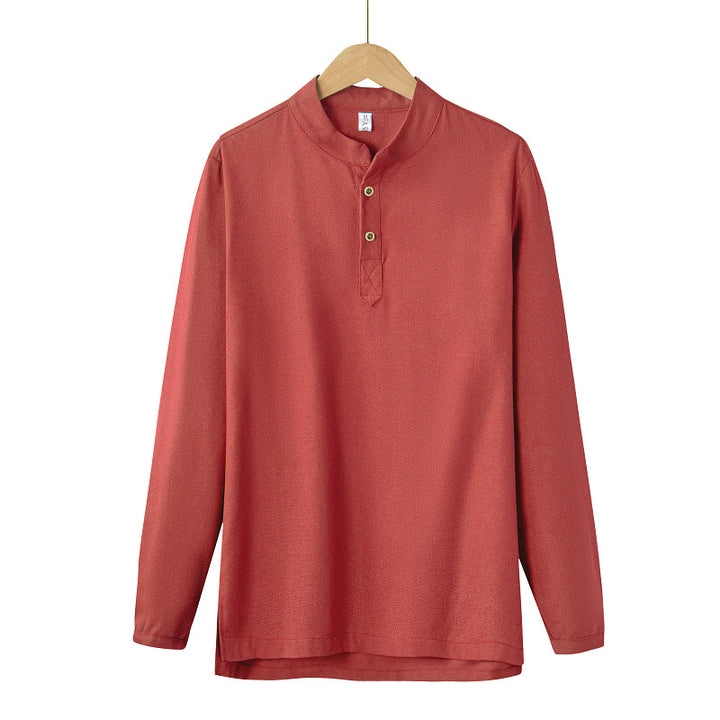 Men's long-sleeved Henley shirt with stand-up collar and concealed button placket made of cotton blend Mune Fashion