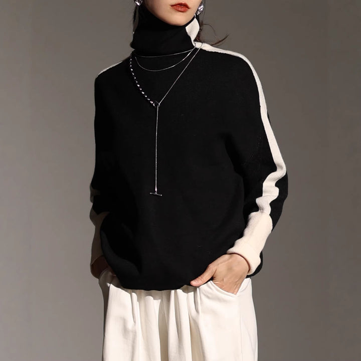 Women's Roll Neck Fine Knit Sweater with Wide Raglan Sleeves and Contrast Stripes Mune Fashion