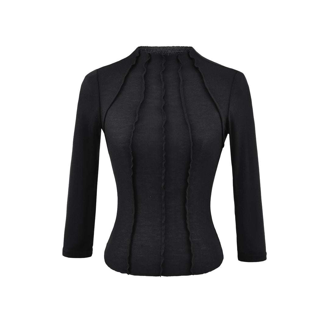 Women's Fitted Long Sleeve Shirt with Stand-Up Collar and Decorative Ruffles