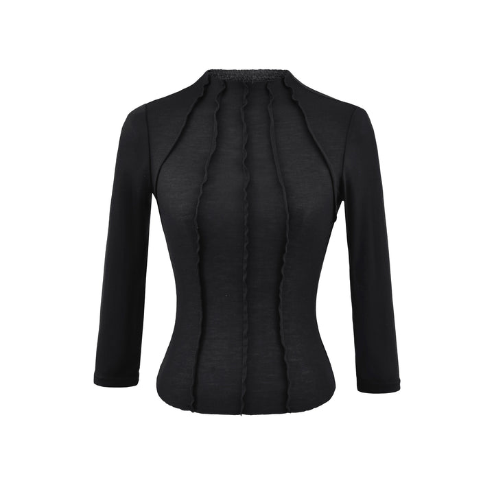 Women's Fitted Long Sleeve Shirt with Stand-Up Collar and Decorative Ruffles
