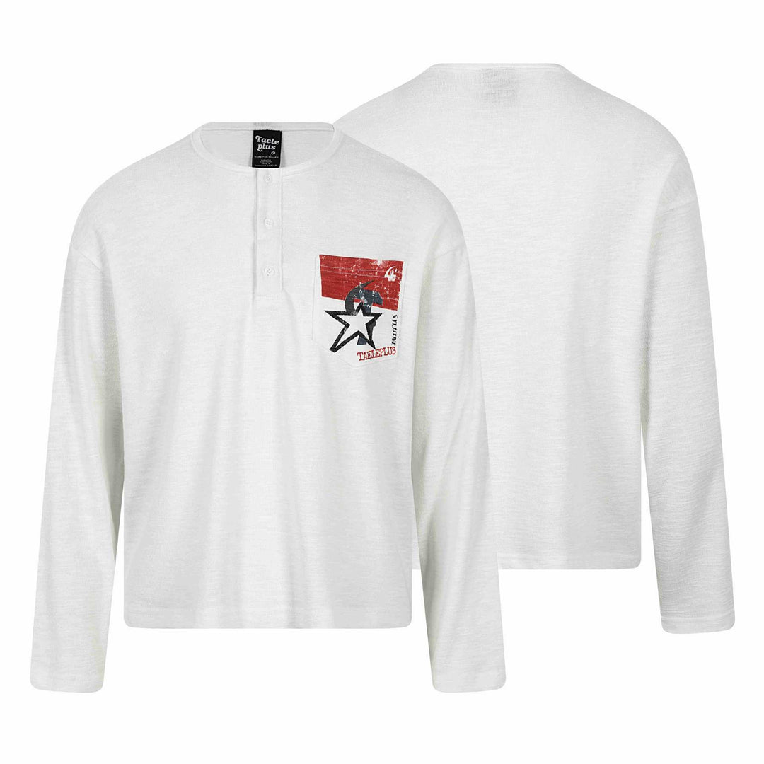 Unisex Long Sleeve Henley Shirt with Chest Pocket and Vintage Print Mune Fashion