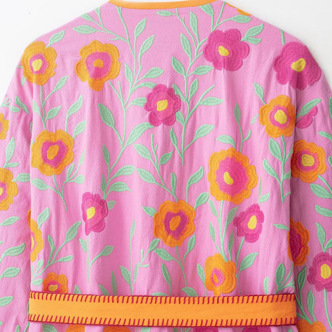 Women's Embroidered Kimono Jacket with Waist Tie Belt and Floral Embroidery Mune Fashion
