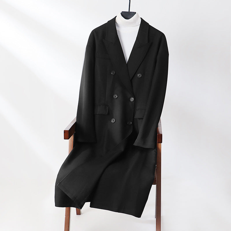 Women's Double-Breasted Longline Coat with Oversized Cut and Draped Lapel Mune Fashion