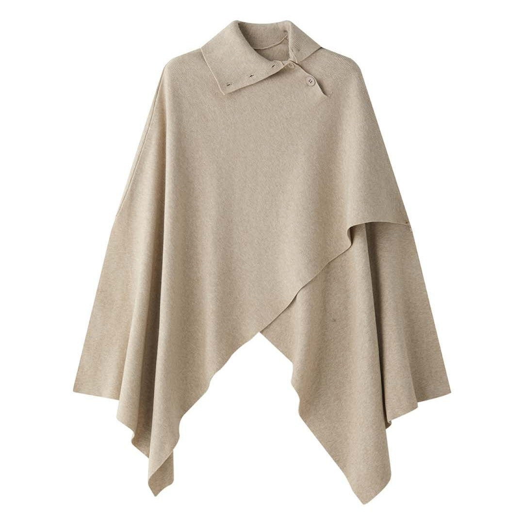Women's Asymmetrical Knit Poncho with Button Collar and Oversized Silhouette Mune Fashion