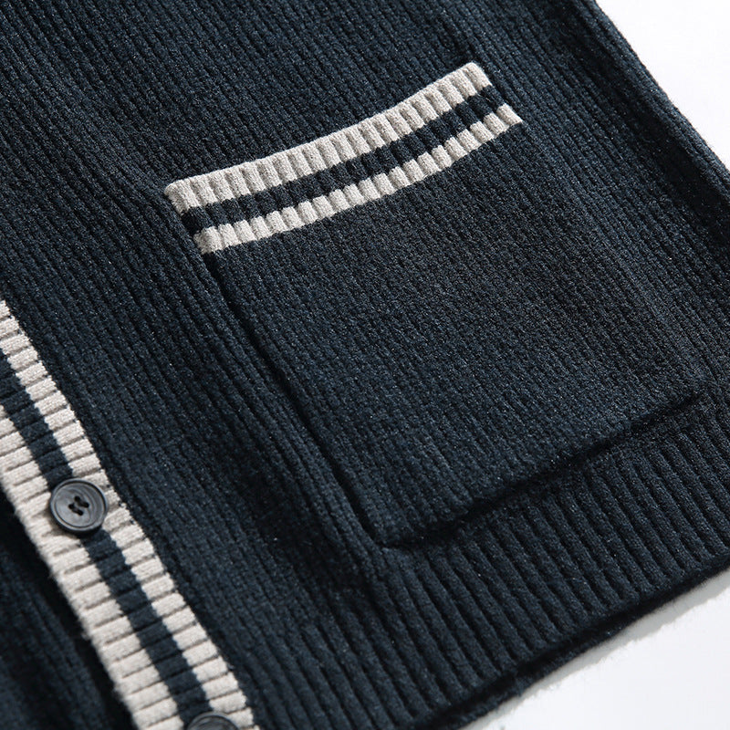 Unisex Oversize Knit Cardigan with Contrast Stripes, V-Neck and Patch Pockets Mune Fashion