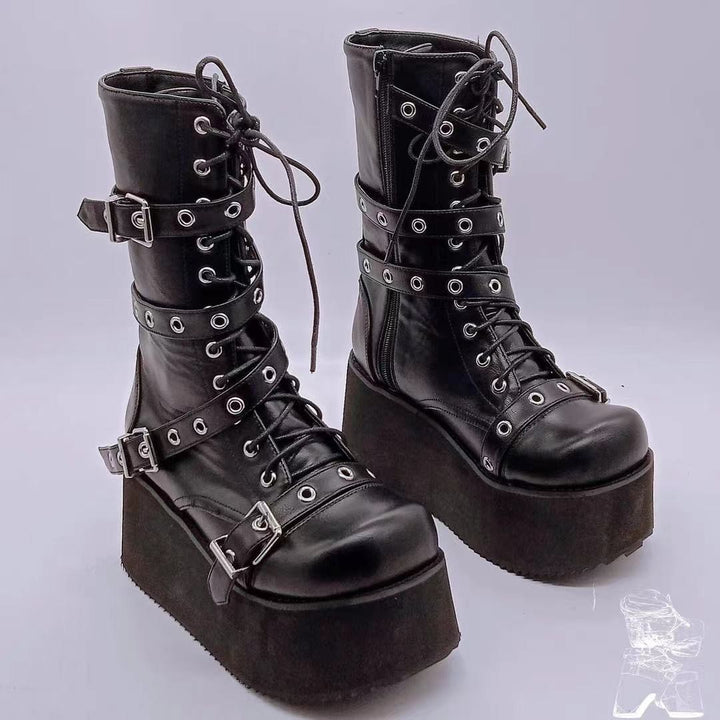 Women's platform combat boots with buckles, eyelets, lacing, and side zipper Mune Fashion