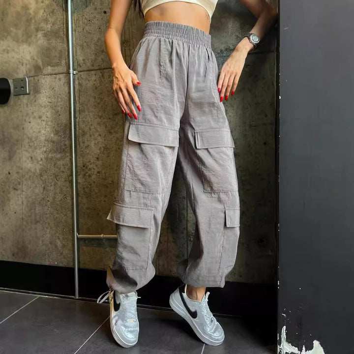 Women's cargo harem pants with high elastic waist and patch flap pockets Mune Fashion