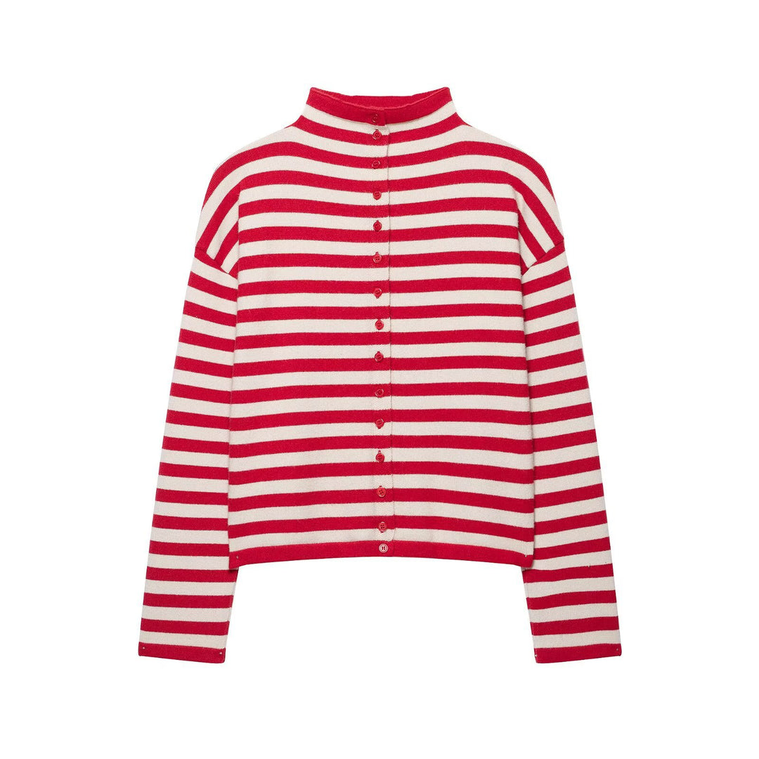 Women Striped Cropped Knitted Cardigan with Stand-up Collar Mune Fashion