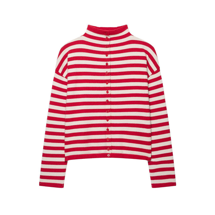 Women Striped Cropped Knitted Cardigan with Stand-up Collar Mune Fashion