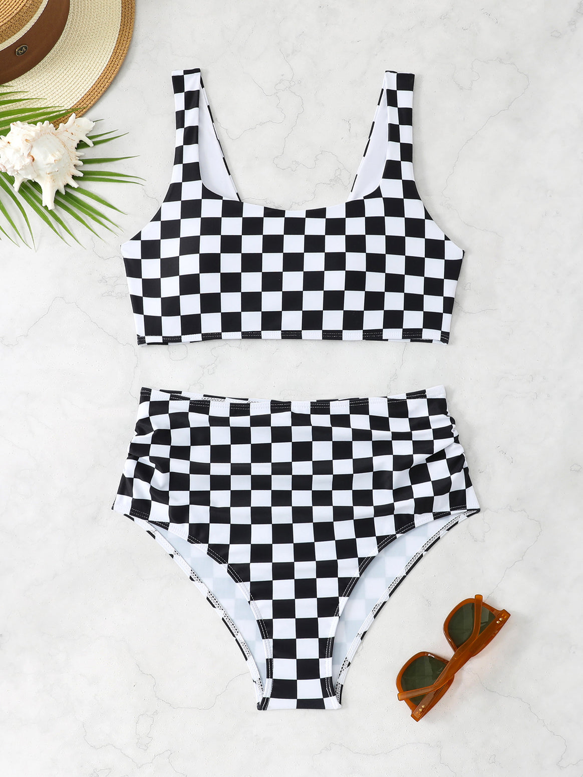 Women's bikini set with stylish check pattern and high waist Mune Fashion