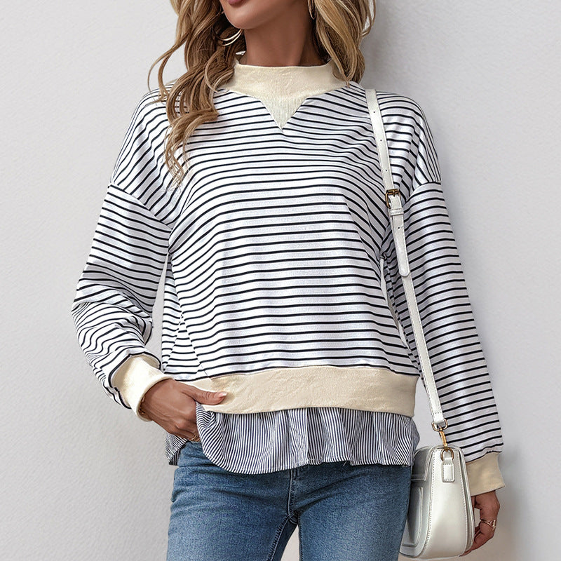 Women's Casual Striped Sweatshirt with Layered Hem Mune Fashion