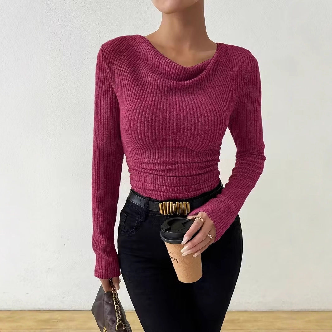 Women Ribbed Tailored Fine Knit Sweater with Gathering Mune Fashion