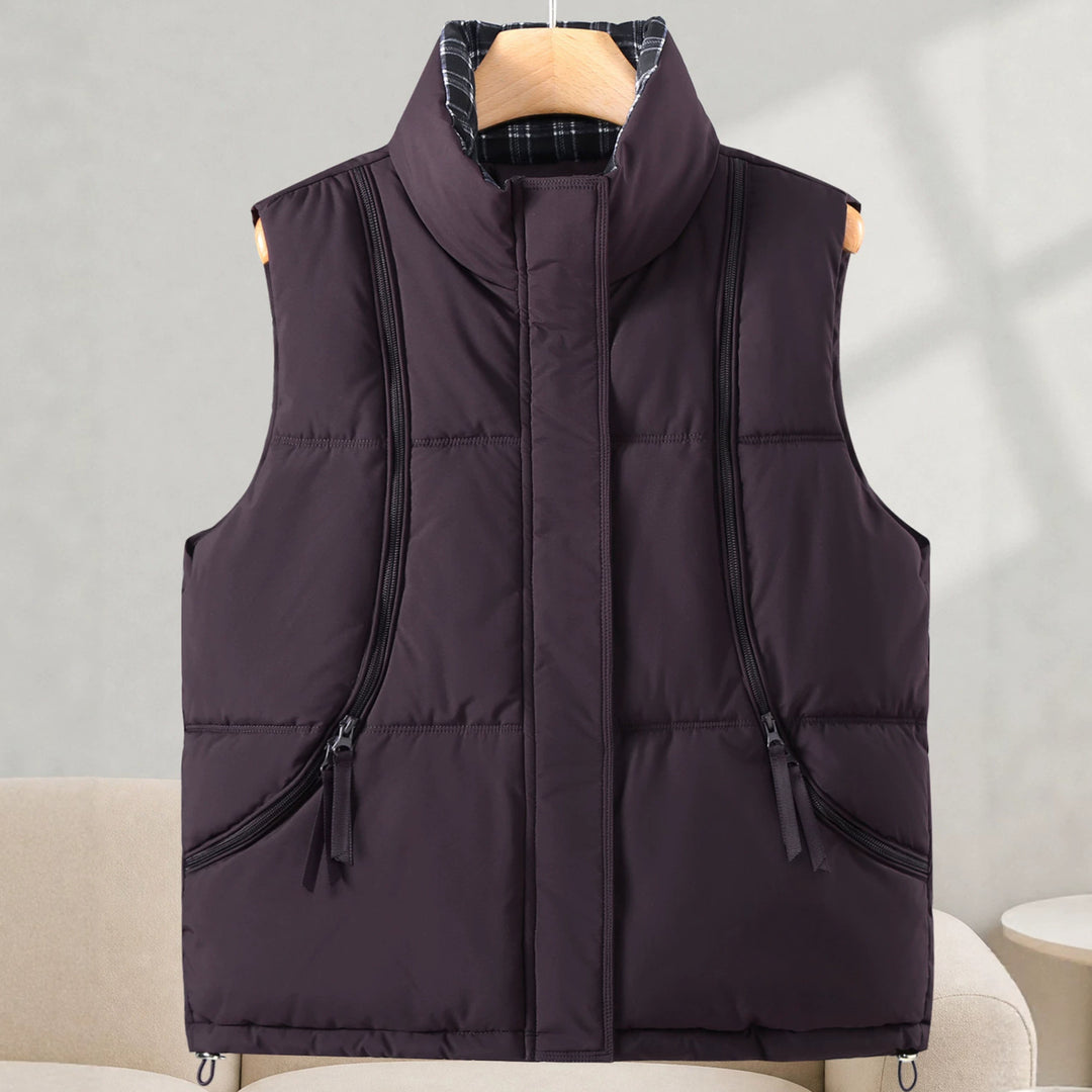 Women's Sleeveless Thermal Vest with High Stand Collar and Visible Vertical Zippers Mune Fashion