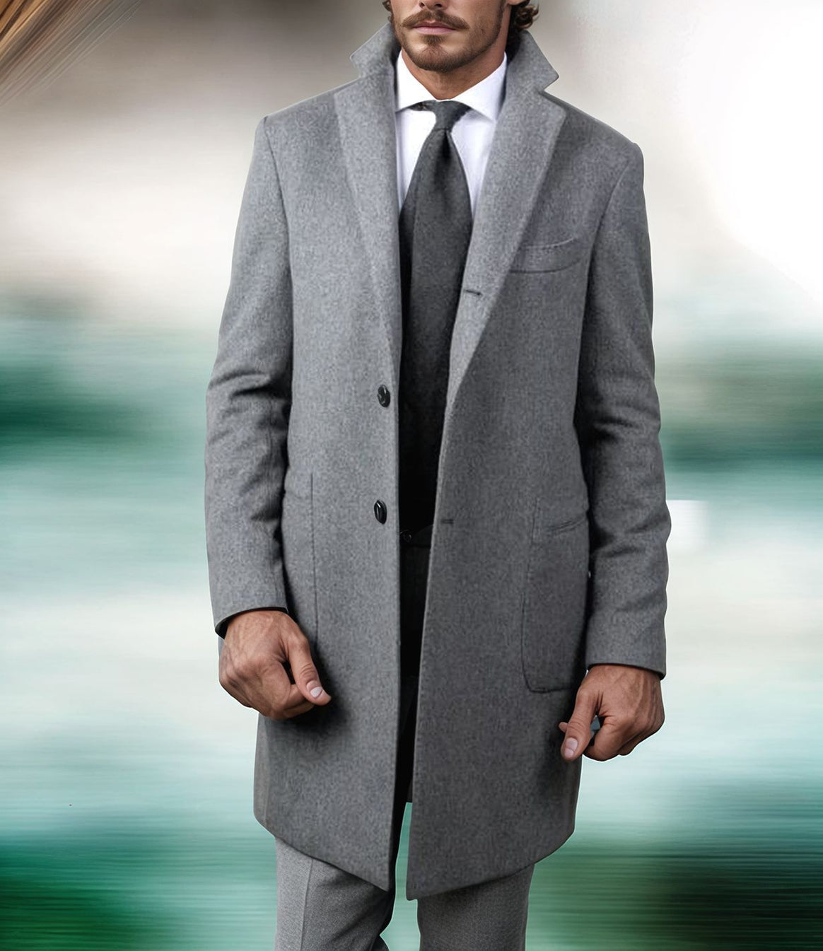 Men's Longer Tailored Wool Coat with Lapel Collar and Flap Pockets Mune Fashion