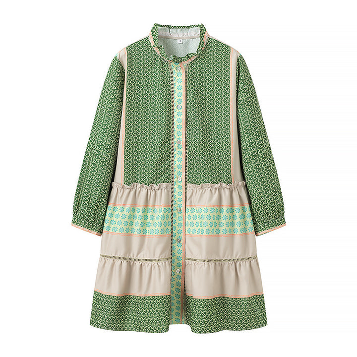 Ladies Printed Midi-Length Coat Dress with Ruffle Collar and Tiered Skirt Mune Fashion