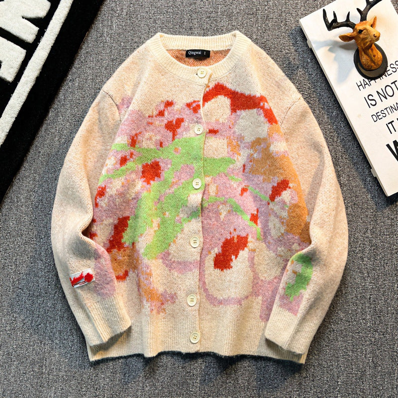 Women Oversized Cardigan with Abstract Intarsia Pattern Mune Fashion