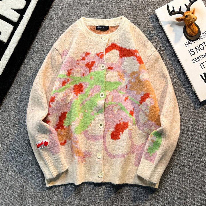 Women Oversized Cardigan with Abstract Intarsia Pattern Mune Fashion