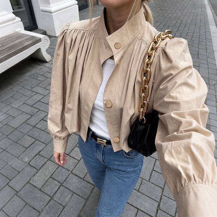Women Light Short Jacket with Balloon Sleeves, Puff Shoulders & Elastic Hem Mune Fashion