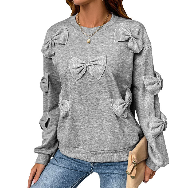 Women's Cozy Sweatshirt with 3D Bow Applications, Round Neck & Ribbed Cuffs Mune Fashion