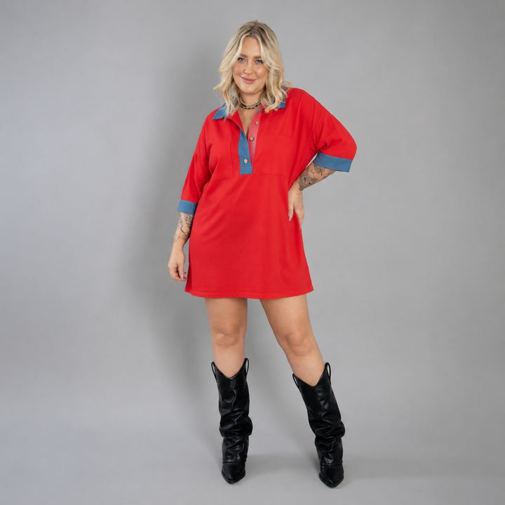 Women's oversized polo tunic with contrast collar and patch breast pockets Mune Fashion