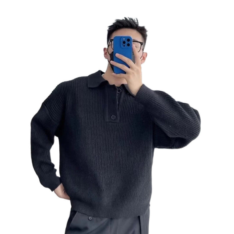 Men's fine-knit polo sweater with half-zip placket, ribbed structure, and side slits Mune Fashion