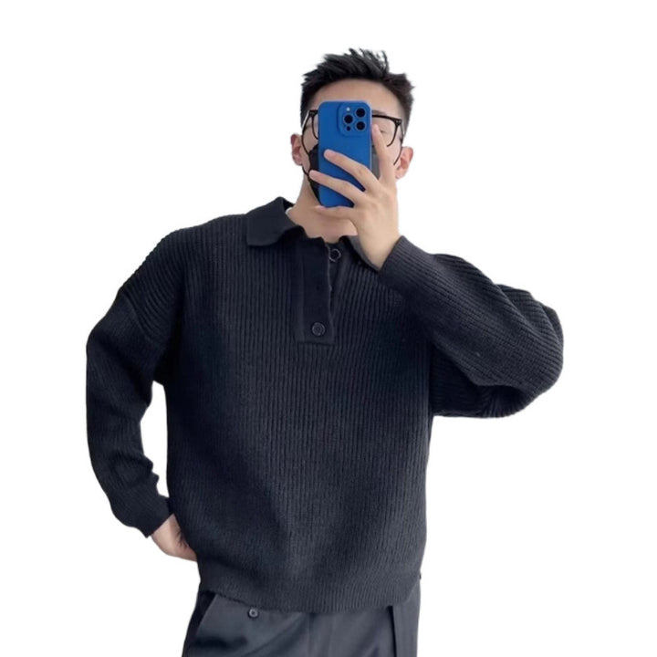 Men's fine-knit polo sweater with half-zip placket, ribbed structure, and side slits Mune Fashion