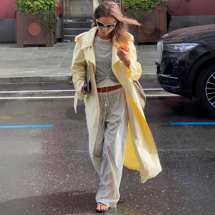 Women's Lightweight Long Trench Coat with Oversized Silhouette, Wide Shawl Collar and Extended Sleeves Mune Fashion