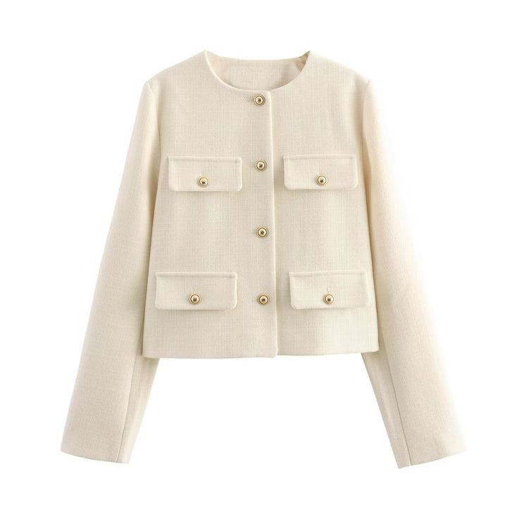 Women's short-cut Bouclé tweed jacket with round neckline decorative button details and attached flap pockets Mune Fashion