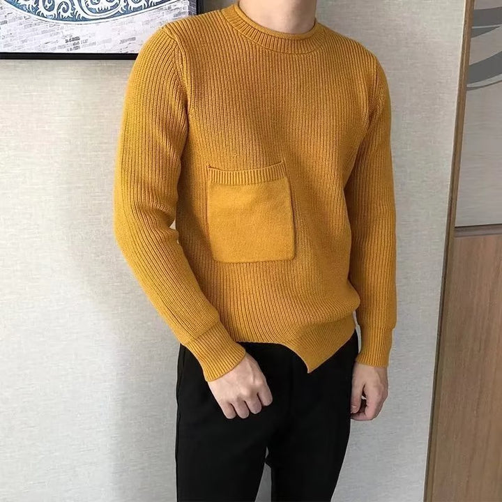 Men's coarse ribbed round neck pullover with patch chest pocket Mune Fashion