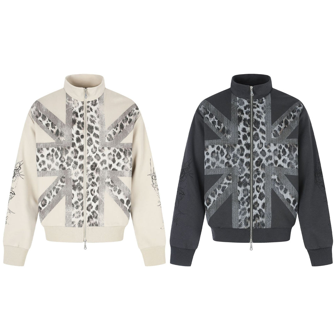 Women's Oversized Sweat Jacket with Stand-up Collar and Leopard Print Mune Fashion