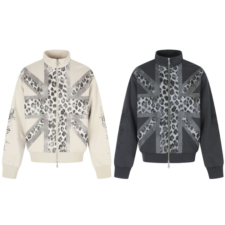 Women's Oversized Sweat Jacket with Stand-up Collar and Leopard Print Mune Fashion