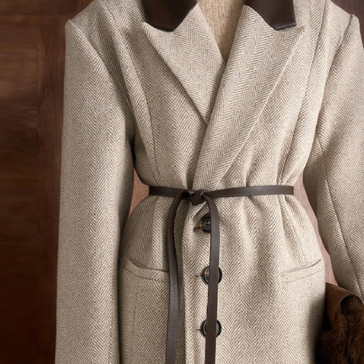 Women Tailored Wool Blend Coat with Herringbone Texture, Contrast Leather Collar and Leather Belt Mune Fashion