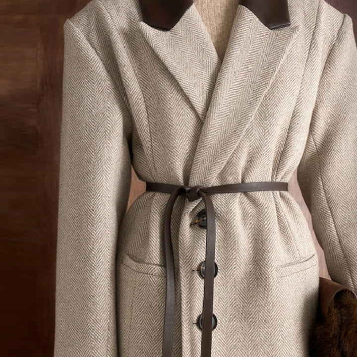 Women Tailored Wool Blend Coat with Herringbone Texture, Contrast Leather Collar and Leather Belt Mune Fashion