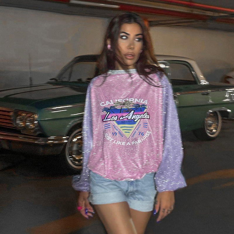 Damen Glitzerndes Oversize-Sweatshirt mit Raglanärmeln und Retro-Los-Angeles-Print Mune Fashion