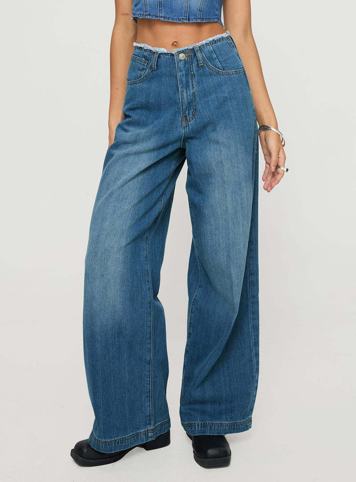 Women's high-waisted wide-leg jeans with raw waist, extra wide leg, and five-pocket design Mune Fashion