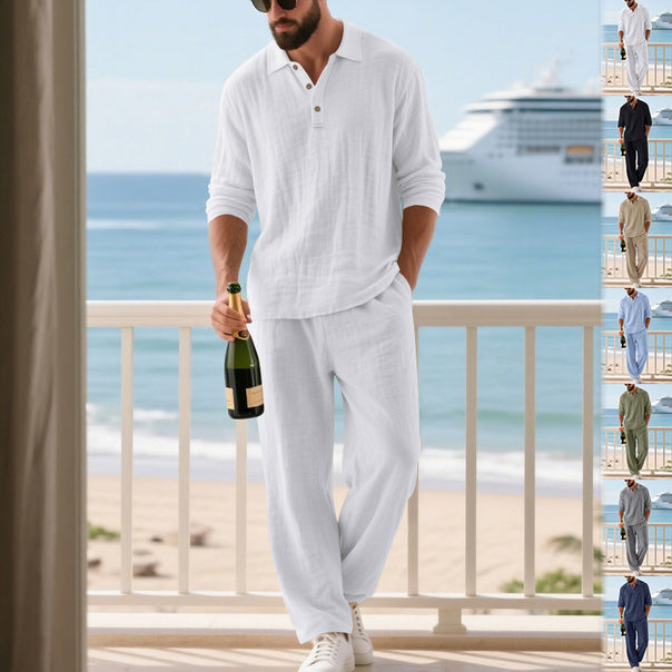 Men's relaxed cotton muslin resort set with polo collar button placket and wide comfort waistband Mune Fashion
