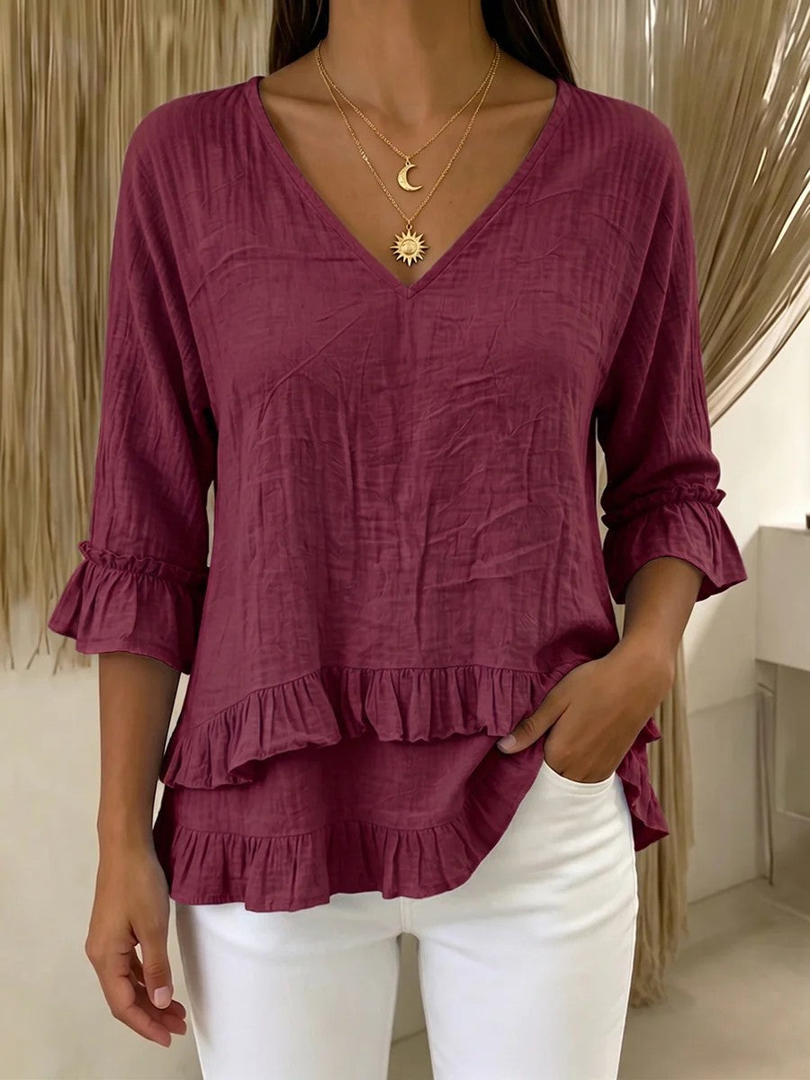 Women's Playful Long Sleeve Blouse with Ruffle Mune Fashion