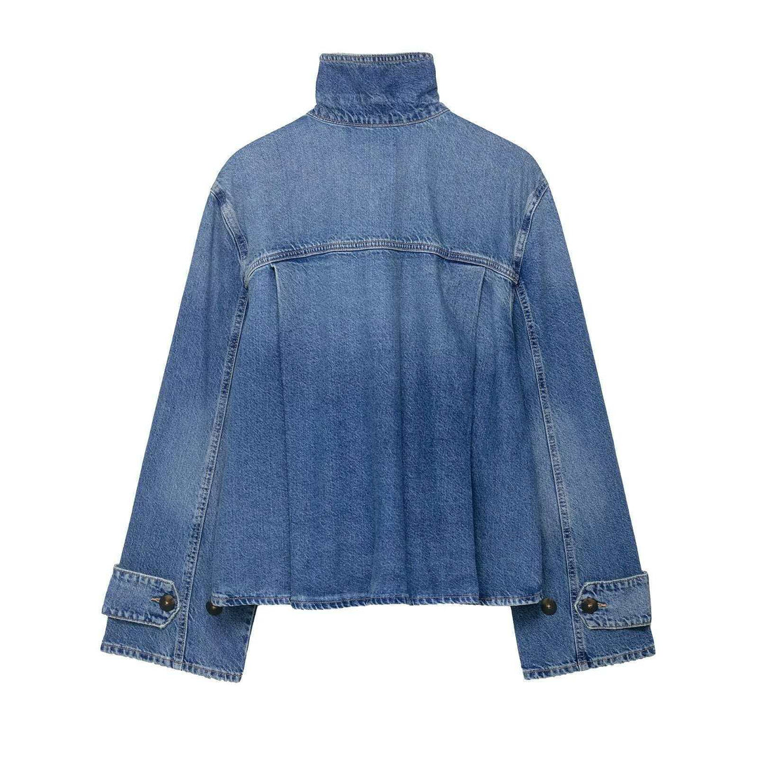 Women's cropped Boxy denim jacket with high wrap or stand collar and concealed button placket Mune Fashion