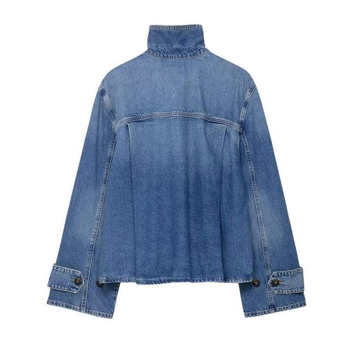 Women's cropped Boxy denim jacket with high wrap or stand collar and concealed button placket Mune Fashion