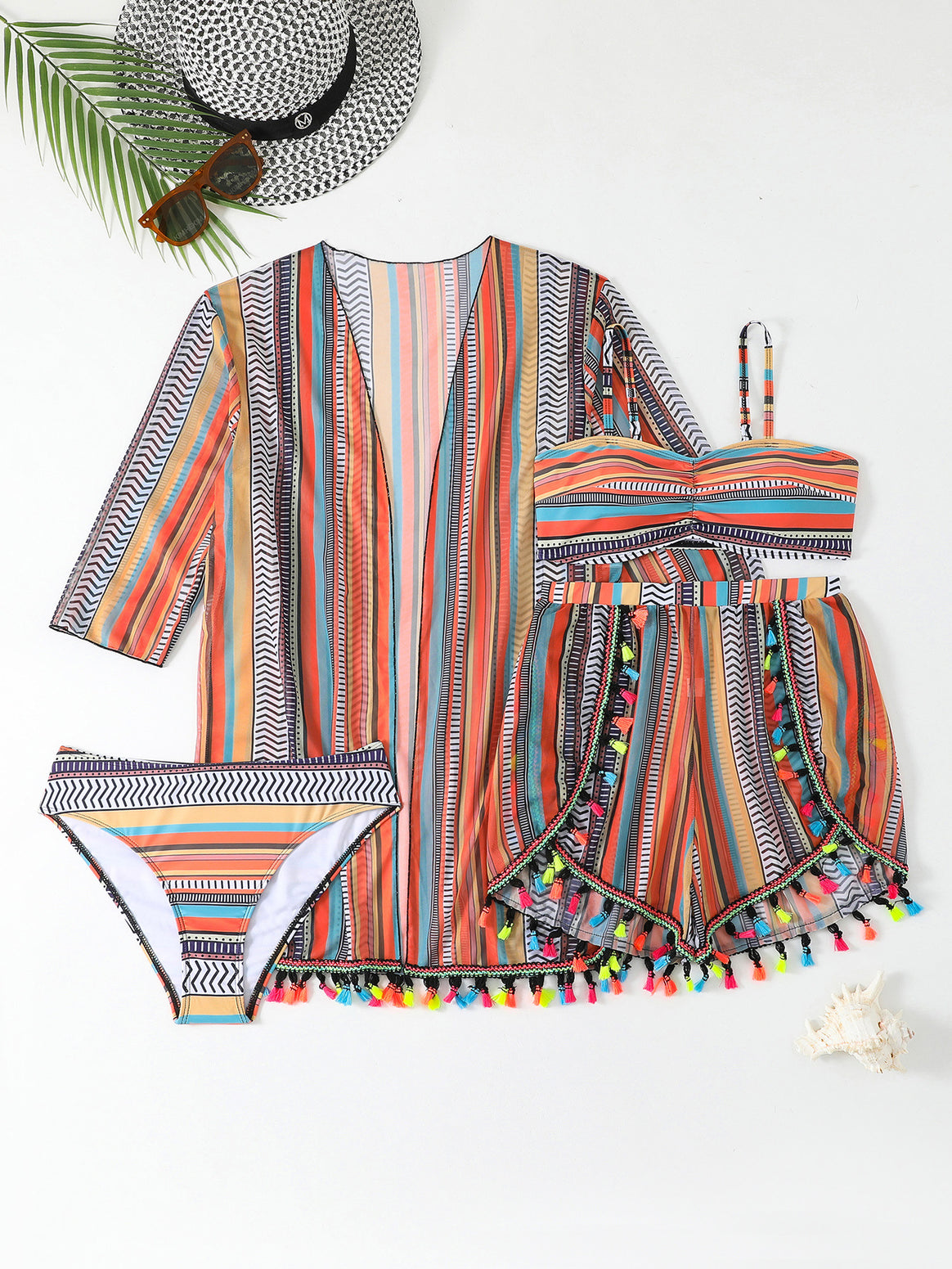 Women's bikini set with trendy beach kimono and colorful tassels Mune Fashion